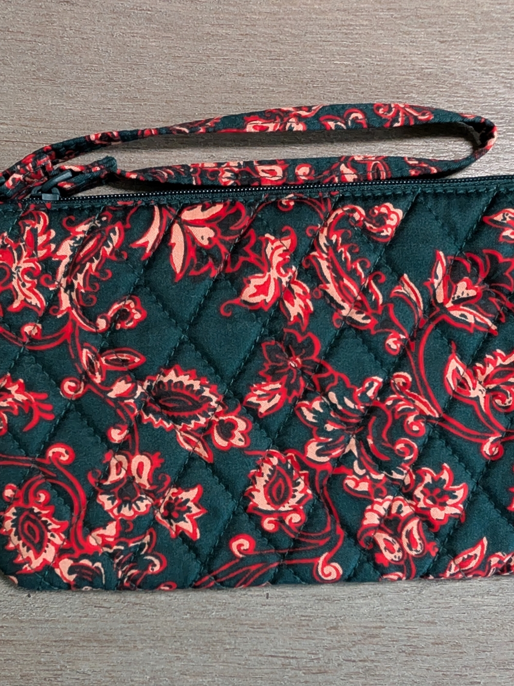 Vera Bradley Green Quilted Wristlet with Red Floral Pattern